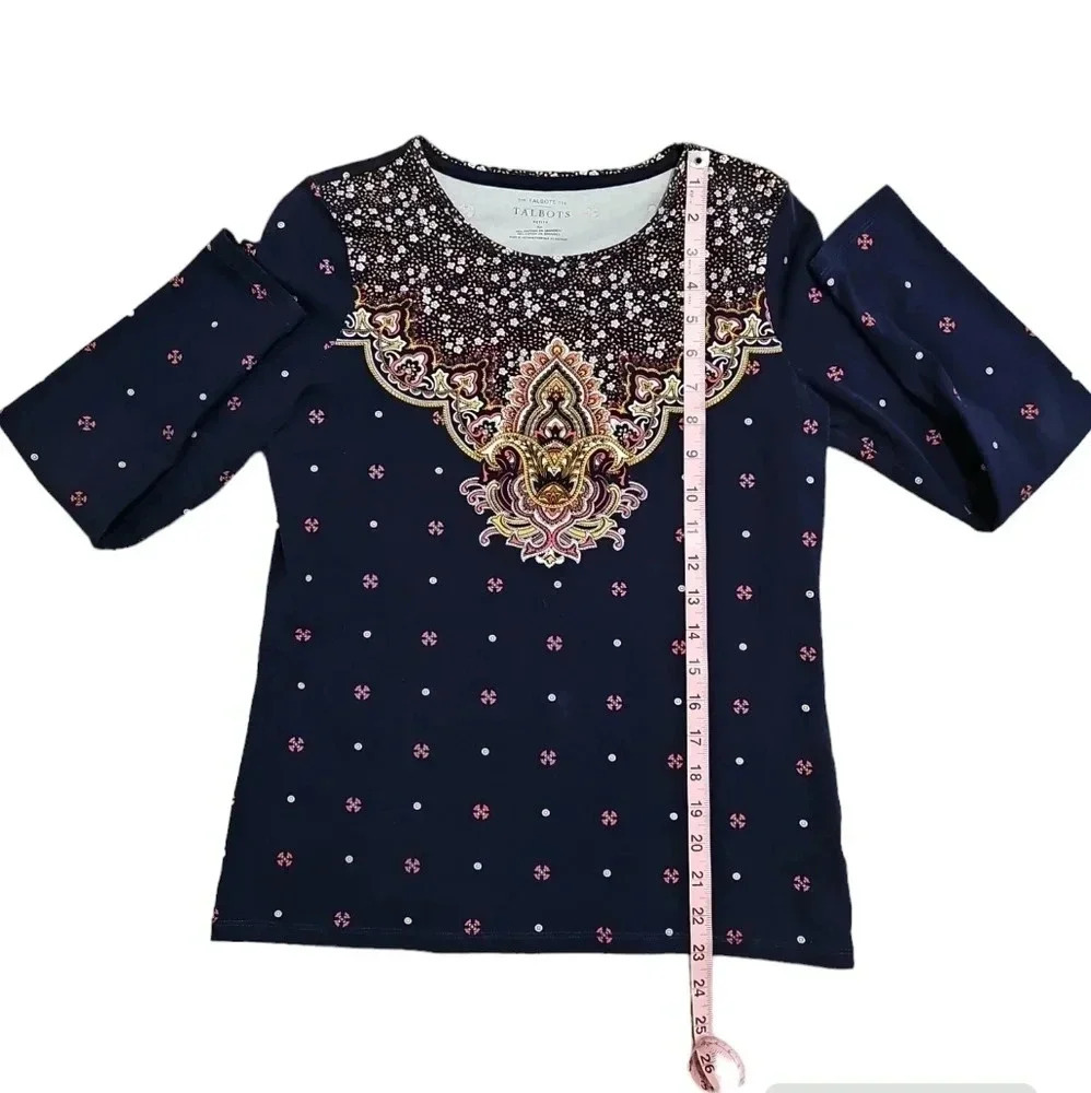 Talbots Petite Small Moroccan Paisley Print Long Sleeve Top Blue Gold Cotton - Picture 6 of 6